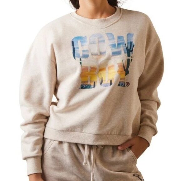 Ariat Women's Heather Oatmeal Long Sleeve Cowboy Graphic Crew Sweater Size M - Picture 1 of 8